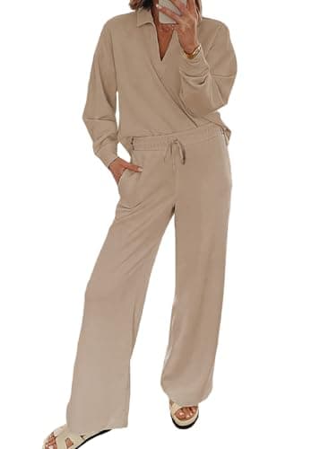 EVALESS Women V-Neck Sweatshirt & Wide Leg Sweatpants Lounge Set