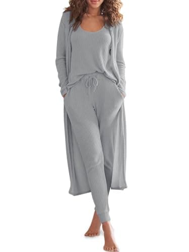Eurivicy Women's Waffle Knit 3-Piece Lounge Set with Long Cardigan