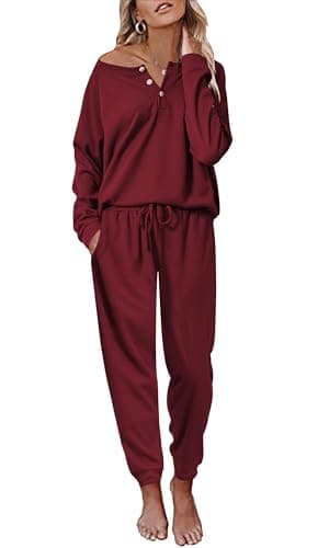 Ekouaer Women's Waffle Knit Pajama Set Long Sleeve S-XXLCasual Loungeewear