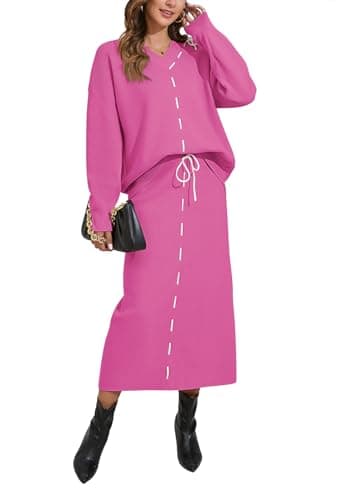 Pink Queen 2024 Women's V-Neck Sweater & Long Sleeve Maxi Skirt Casual Set