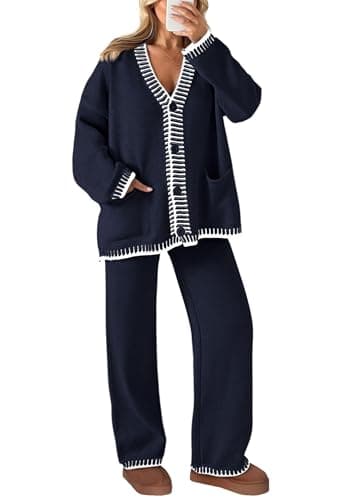 PRETTYGARDEN Women's Matching Lounge Sets Knit Cardigan & Wide Leg Pants