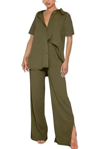 LYANER Women's Button Down Shirt & Wide Leg Pants Set