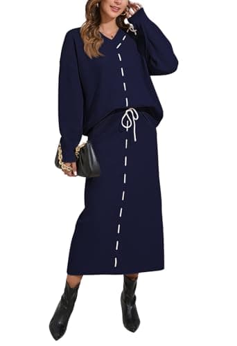 Pink Queen 2024 Women's V-Neck Sweater & Long Sleeve Maxi Skirt Casual Set