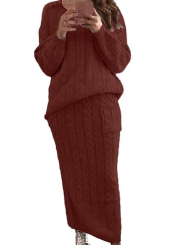 Chouuyaotou Women's Winter Chunky Cable Knit Pencil Skirt & Oversized Pullover Set