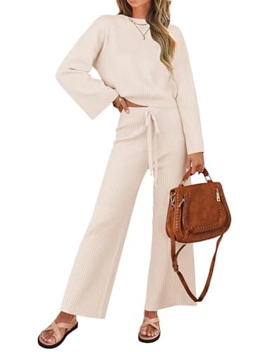 ZESICA Women's Casual Long Sleeve Knit Top & Wide Leg Pants Sweatsuit Set