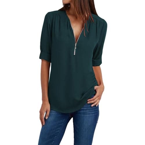 Trendy Plus Size Zip Front 3/4 Sleeve V Neck Summer Tops