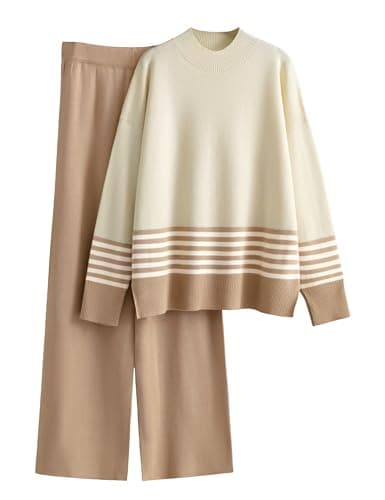 Tanming Women's 2 Piece Knitted Lounge Outfit Sweater Tops Wide Leg Pants Tracksuit