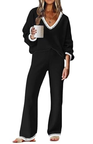 ETCYY New Women's Sweater Lounge Set Casual V-Neck Long Sleeve Top Wide Leg Pants