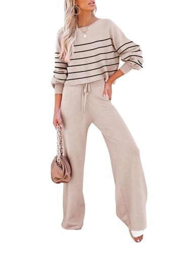 Pink Striped Knitted Sweater & Wide Leg Pants Outfit for Women Lounge Sets