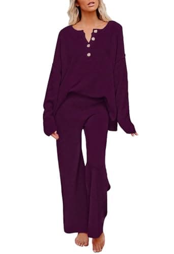 Pink Queen Women's Long Sleeve Button Sweater Top & Wide Leg Knit Pants Outfit Set