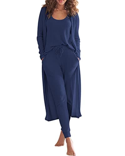 Eurivicy Women's Waffle Knit 3-Piece Lounge Set with Long Cardigan