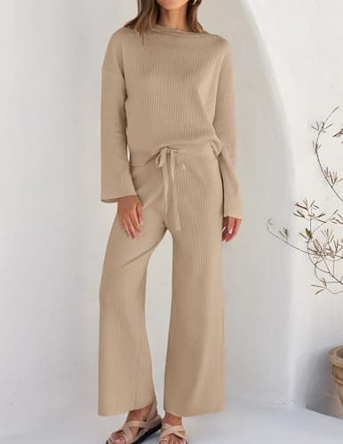 ZESICA Women's Casual Long Sleeve Knit Top & Wide Leg Pants Sweatsuit Set