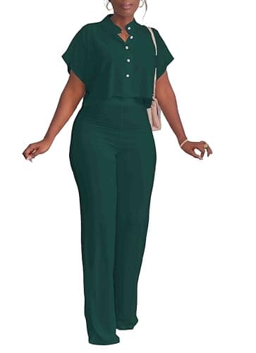 HBQ Women's Summer Casual 2-Piece Tracksuit Crop Top Wide Leg Pants