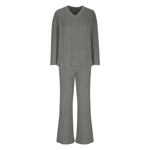 2024 Trendy Lightweight Knit Lounge Sets for Women V-Neck Straight Leg