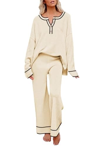 Pink Queen Women's Long Sleeve Button Sweater Top & Wide Leg Knit Pants Outfit Set