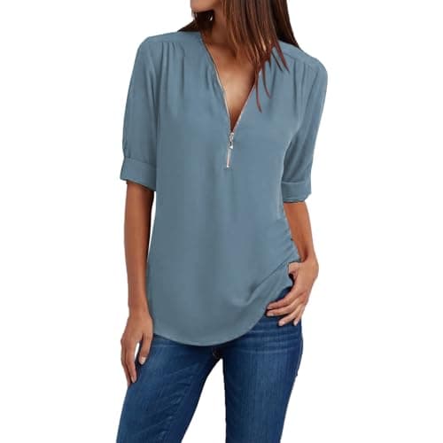 Trendy Plus Size Zip Front 3/4 Sleeve V Neck Summer Tops