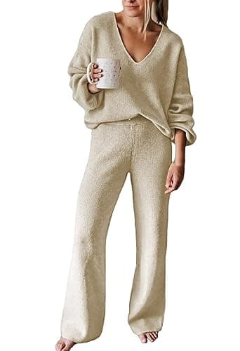 Fixmatti Women's 2-Piece Long Sleeve Knit Sweater Set Wideleg Pants Outfit