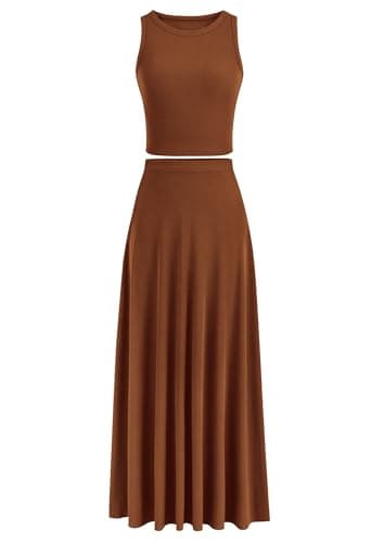 PRETTYGARDEN Women's Casual Summer Maxi Skirt Sets Cropped Knit Top Outfit