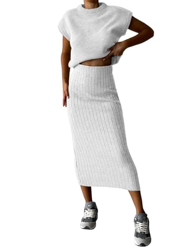 Zhiyouni Women's 2-Piece Sweater Set with Knit Vest and Maxi Skirts