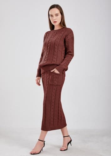 Chouuyaotou Women's Winter Chunky Cable Knit Pencil Skirt & Oversized Pullover Set