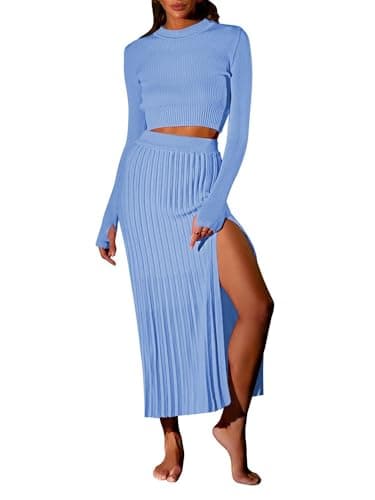 Pink Queen Women's 2-Piece Long Sleeve Crop Top & Ribbed Midi Skirt Knit Dress Set