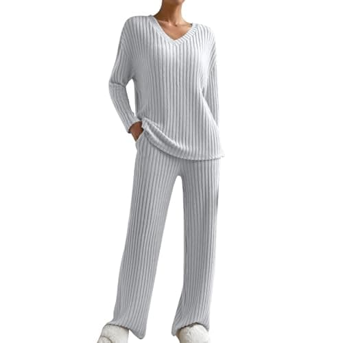 2024 Trendy Lightweight Knit Lounge Sets for Women V-Neck Straight Leg