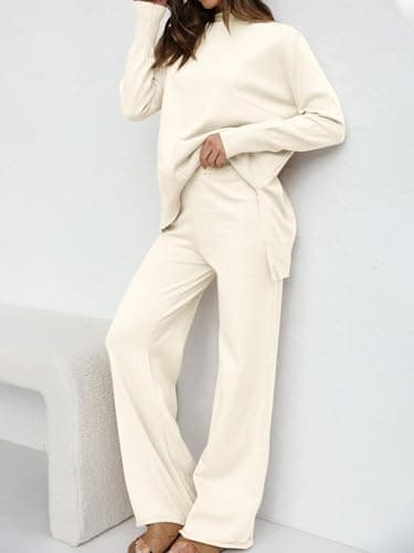 Fazortev Women's Long Sleeve Top & Wide Leg Pants Knit Lounge Set