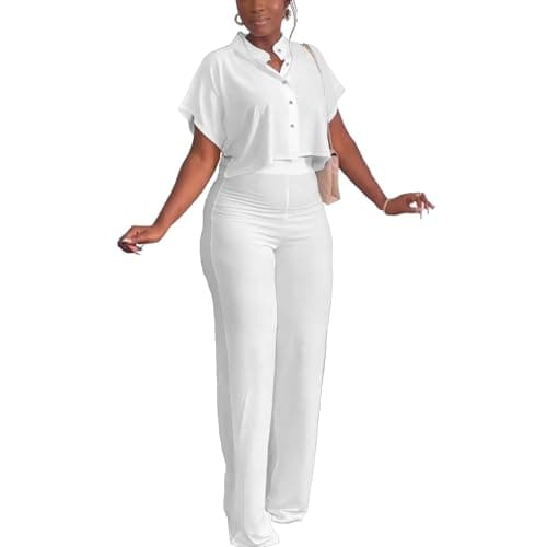 HBQ Women's Summer Casual 2-Piece Tracksuit Crop Top Wide Leg Pants