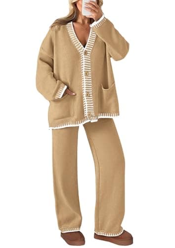 PRETTYGARDEN Women's Matching Lounge Sets Knit Cardigan & Wide Leg Pants