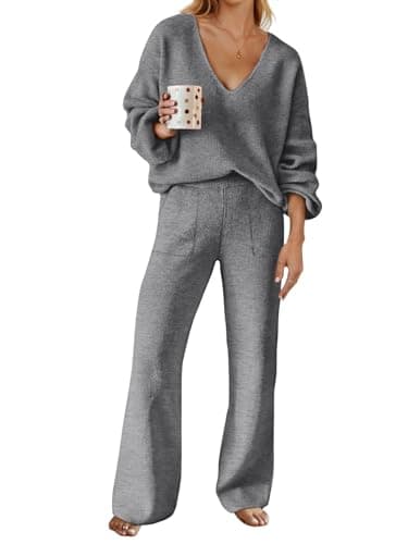 MEROKEETY Women's Long Sleeve Knit Top & Wide Leg Pant Lounge Set