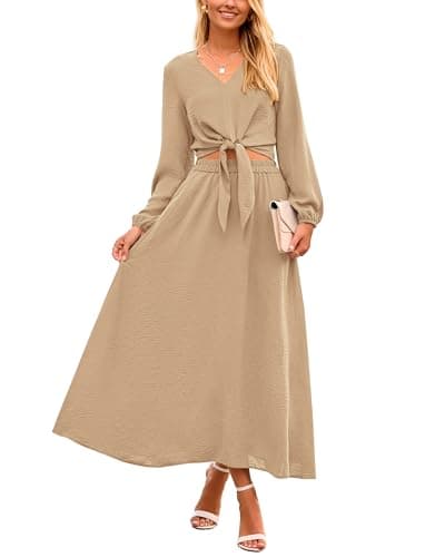 PRETTYGARDEN Women's Casual V-Neck Long Sleeve Crop Top & High Waist Midi Skirt Set