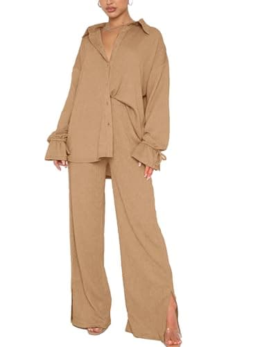 LYANER Women's Button Down Long Sleeve Shirt & Wide Leg Pants Set