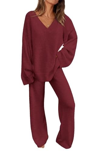 PRETTYGARDEN Women's Oversized V-Neck Sweater & Wide Leg Pants Fall Winter Set