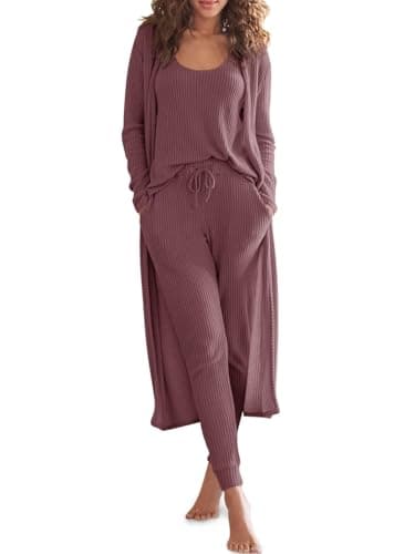 Eurivicy Women's Waffle Knit 3-Piece Lounge Set with Long Cardigan