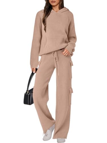 ANRABESS Women's Hooded Knit Sweater & Straight Leg Pants Fall Travel Outfit