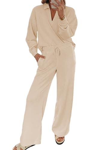 EVALESS Women V-Neck Sweatshirt & Wide Leg Sweatpants Lounge Set
