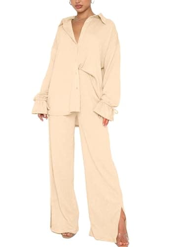 LYANER Women's Button Down Long Sleeve Shirt & Wide Leg Pants Set
