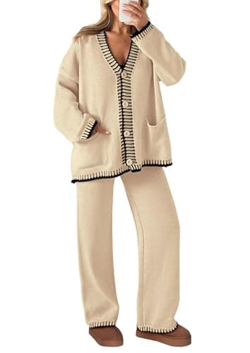 PRETTYGARDEN Women's Matching Lounge Sets Knit Cardigan & Wide Leg Pants