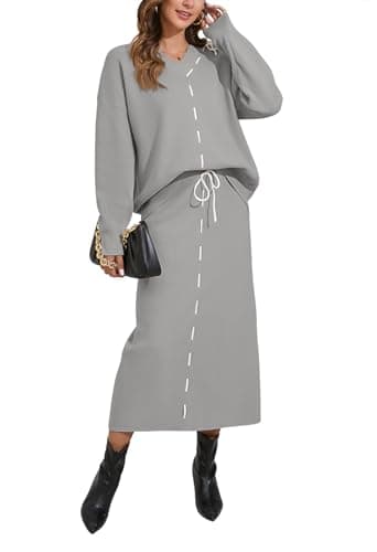 Pink Queen 2024 Women's V-Neck Sweater & Long Sleeve Maxi Skirt Casual Set
