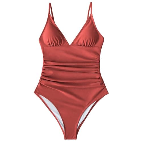Women's Tummy Control One Piece Suspender Swimsuit Deep V Neck Ruched Bathing Suit