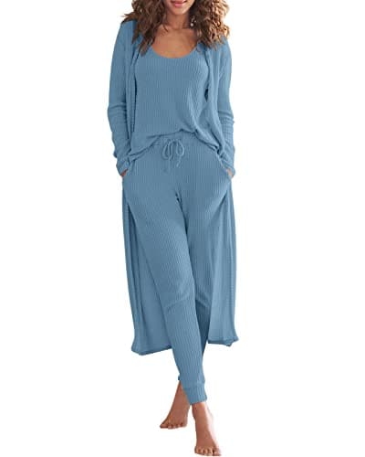 Eurivicy Women's Waffle Knit 3-Piece Lounge Set with Long Cardigan