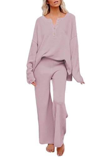 Pink Queen Women's Long Sleeve Button Sweater Top & Wide Leg Knit Pants Outfit Set