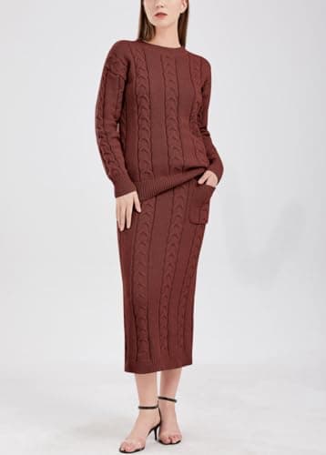 Chouuyaotou Women's Winter Chunky Cable Knit Pencil Skirt & Oversized Pullover Set
