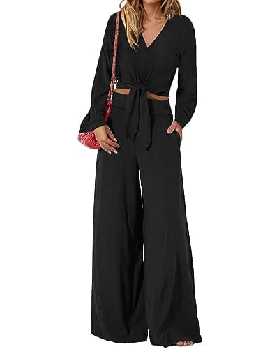 PrettyGarden Women's 2025 Spring V Neck Crop Top & Wide Leg Palazzo Pants Outfit Sets