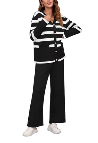 Viottiset Women's Stripe Sweatsuit Set: Long Sleeve Button Sweatshirt & Wide Leg Sweatpants