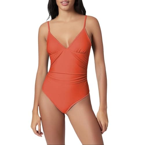 Women's Tummy Control One Piece Suspender Swimsuit Deep V Neck Ruched Bathing Suit