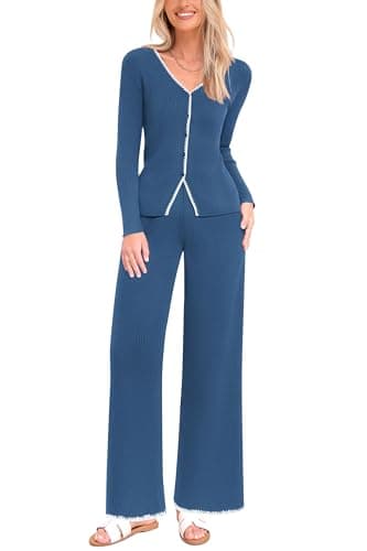 PrettyGarden Women's 2024 Winter Knit Lounge Sets Wide Leg Pants Buttons