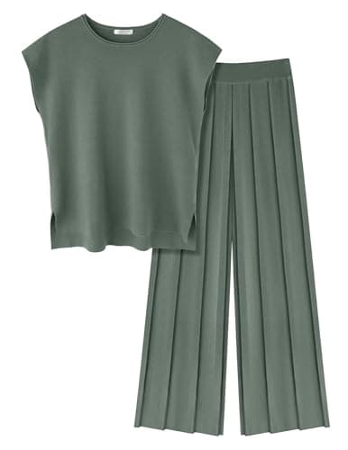 Ekouaer Women's Knit Cap Sleeve Tops & Wide Leg Pleated Pants Casual Sweater Sets