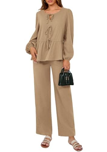 PRETTYGARDEN Women's Tie Front Long Sleeve Top & Wide Leg Pant Loungewear Set