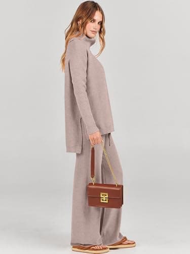 ANRABESS Women's Oversized Turtleneck Knit Pullover Sweatset Wide Leg Pants Fall Loungeewear